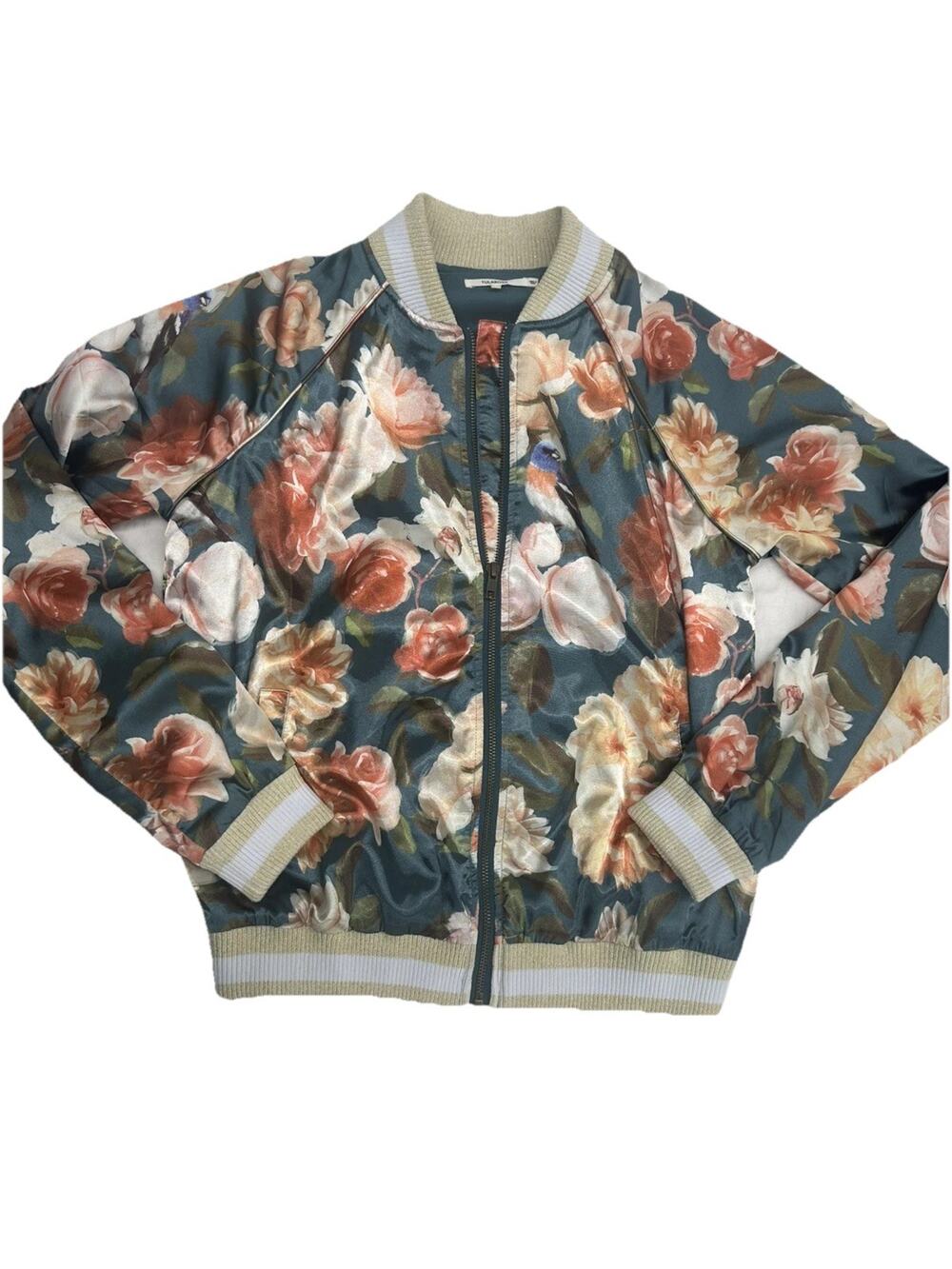 Tularosa Women’s Floral/Bird Satin Bomber zip up Jacket Size Small cottagecore
